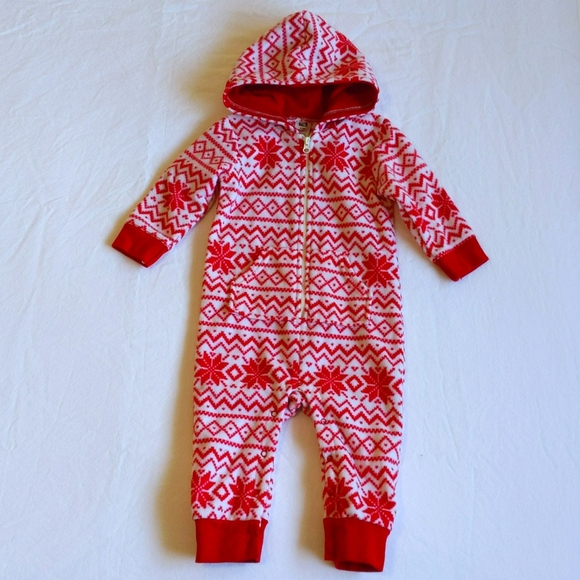 NEW hudson baby red fair isle print fleece zipper jumpsuit with hood 6-9 months - Picture 1 of 9